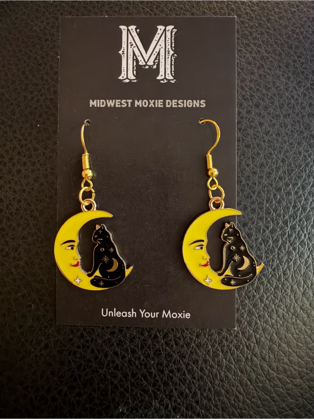 Yellow Moon & Black Cat Drop Earrings